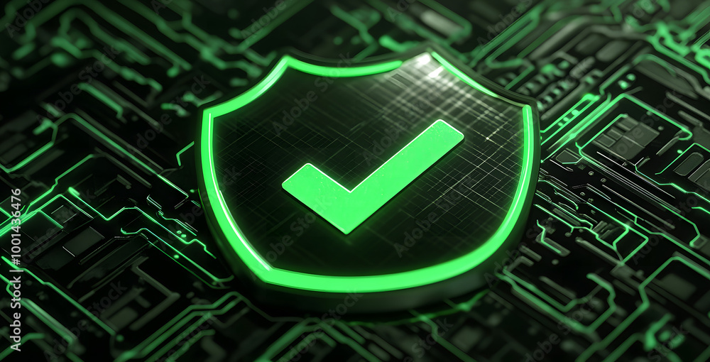 Poster digital security shield with green checkmark on circuit board