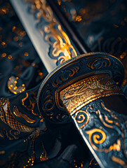 A close-up image of a Japanese sword with a gold handle and a gold blade. 
