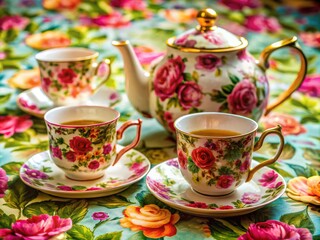 Fototapeta premium Elegant English Tea Set with Teapot, Cups, and Saucers on a Delicate Floral Tablecloth