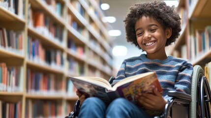 Happy young disabled mixed race school student in a wheelchair, smiling as they read a book in a bright library. African American child with disability immersed in learning, with bookshelves around