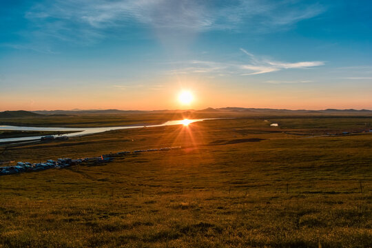 Western China, Zoige grassland scenery at dusk