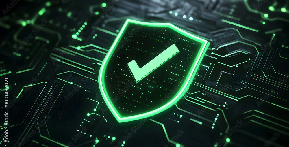 Aufkleber digital security shield with green checkmark on circuit board