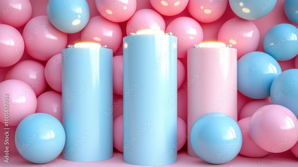 Poster minimalistic abstract composition with three glossy cylindrical podiums against a backdrop of pastel
