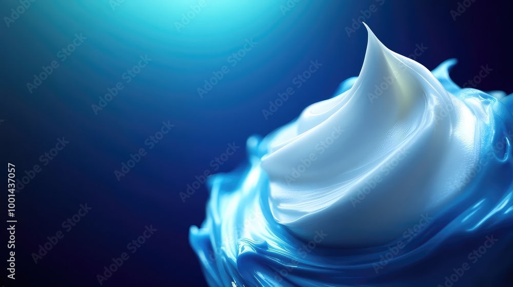 Poster an artistic 3d rendering of body cream with flowing shapes, illuminated by elegant light beams on a 