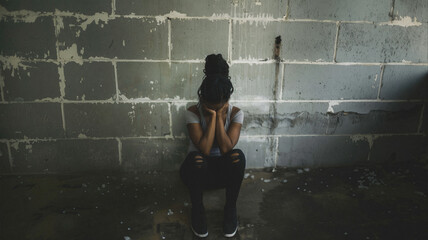 Person sitting on the floor against a peeling, worn wall with head in hands, conveying themes of isolation, struggle, and vulnerability in a gritty, urban setting