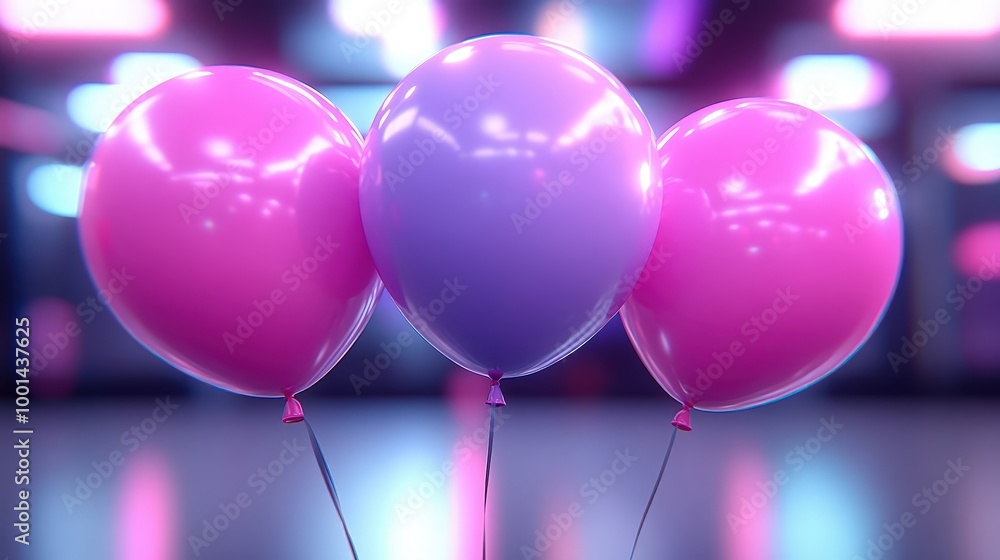 Poster three balloons in pink and purple, illuminated by neon lights in the background, creating a vibrant 