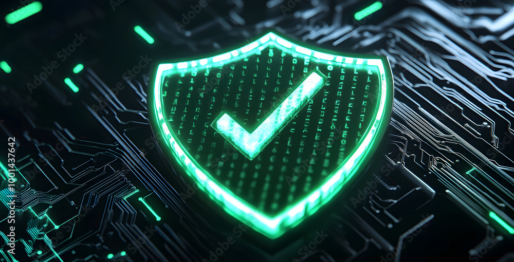 Aufkleber digital security shield with green checkmark on circuit board