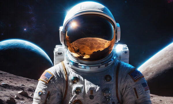 An astronaut stands on the surface of the moon, gazing out at the vast expanse of space