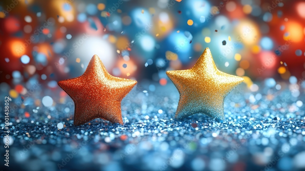Poster two glittering stars resting on a bed of blue sequins with a blurry background of lights