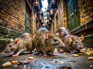 Grimy, mangy rodents with scrawny bodies, pointed snouts, and beady eyes scavenge for food in a dark, damp, and litter-strewn urban alleyway.