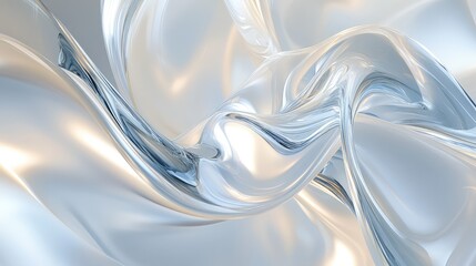 An elegant 3D composition of shampoo cream flowing over smooth glass-like surfaces, with swirling abstract shapes and shimmering reflections