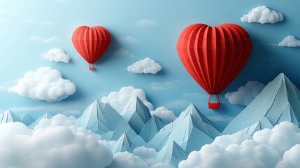 Obraz premium Two red heart-shaped hot air balloons float above a papercraft mountain range with fluffy clouds in a dreamy blue sky