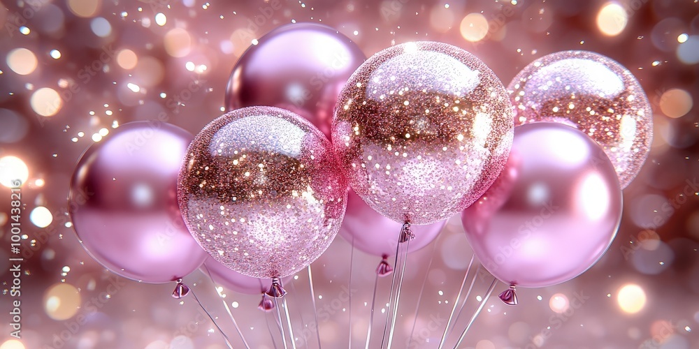 Poster a cluster of shiny pink and gold balloons adorned with glittering accents against a sparkling bokeh 