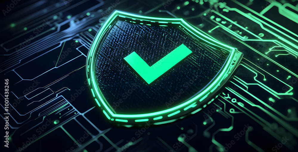 Aufkleber digital security shield with green checkmark on circuit board