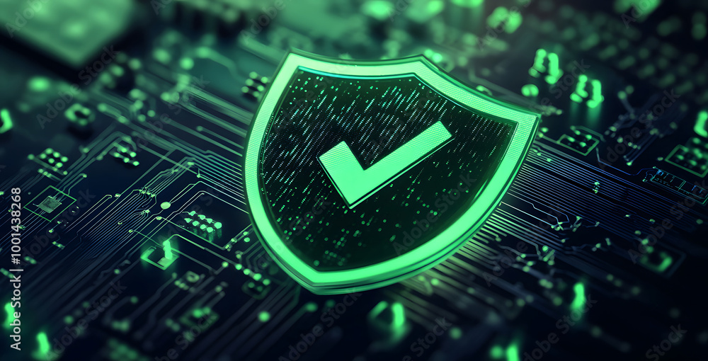 Poster digital security shield with green checkmark on circuit board