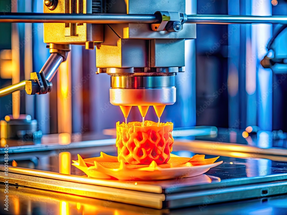 Poster close-up of 3d printer creating model from molten plastic using additive manufacturing technology