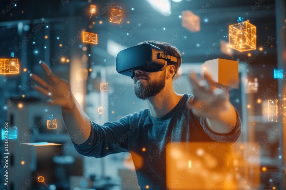 Leinwandbilder virtual reality designer engaged in 3d object manipulation in a modern studio filled with glowing vi