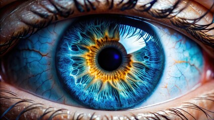 Highly detailed close-up of a human eyeball, showcasing intricate iris patterns, bright blue color, and sharp focus on the pupil and surrounding white.