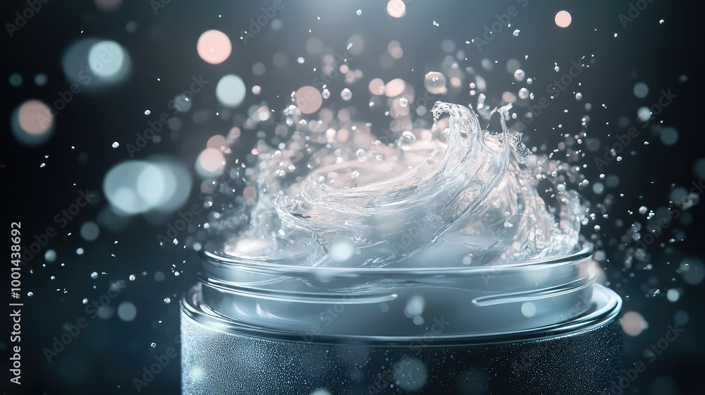 Poster an ethereal 3d image of shampoo cream in a frosted container, surrounded by abstract floating partic