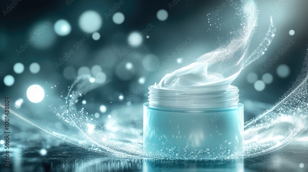 Poster an ethereal 3d image of shampoo cream in a frosted container, surrounded by abstract floating partic