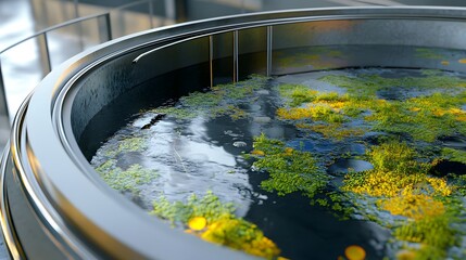 Futuristic Pond with Green and Yellow Plants