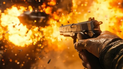 A person is holding a gun in a fiery explosion