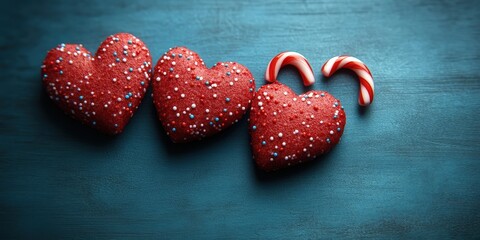 Red Sprinkled Hearts and a Candy Cane on a Blue Wooden Surface