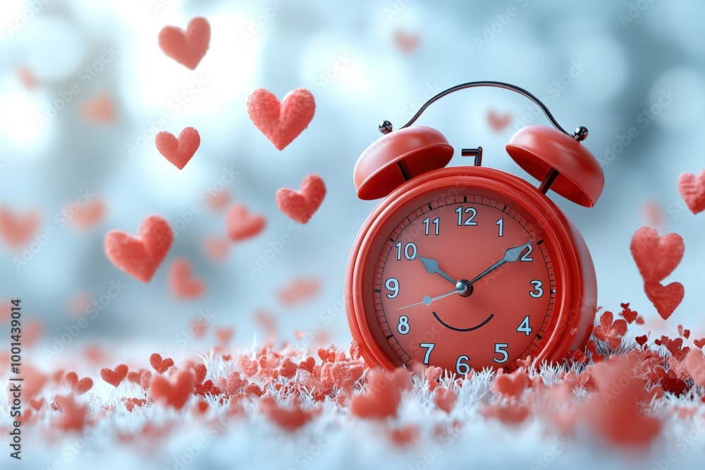 Aufkleber a red alarm clock with a smiling face and a bunch of hearts surrounding it