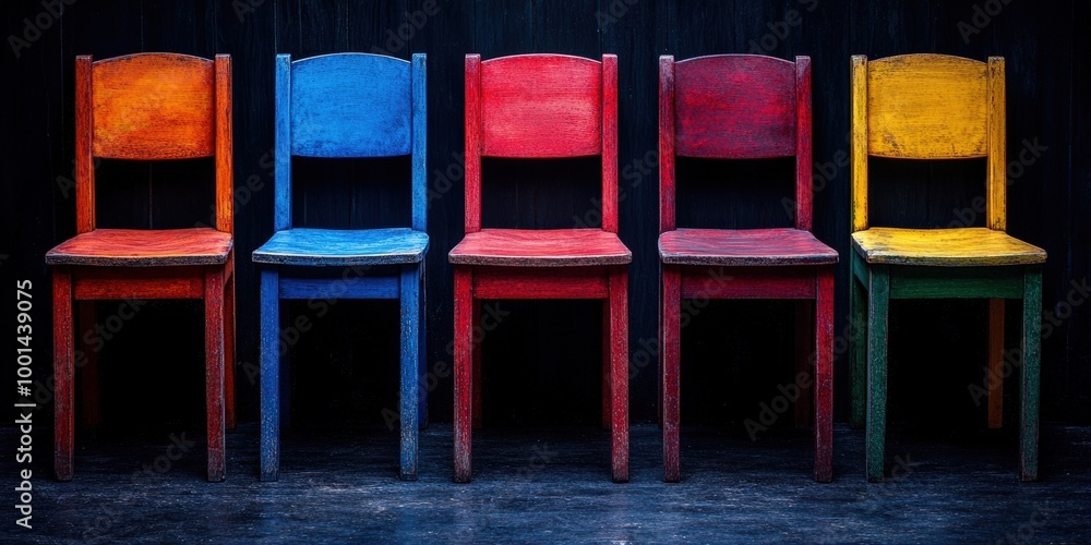 Poster a row of five brightly colored chairs lined up against a dark background, each seat showcasing a dif