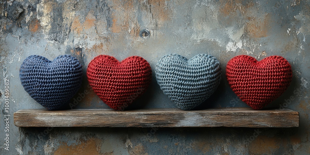 Aufkleber four crocheted hearts in alternating blue and red colors sit on a rustic wooden shelf against a text