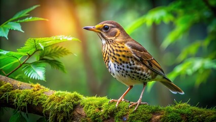 Fototapeta premium Elegant Thrush Bird Perched on a Branch in a Lush Green Forest during a Sunny Spring Day