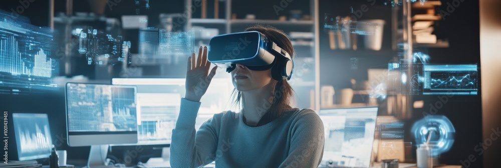 Poster Virtual reality designer engaged in creative work within a modern studio filled with 3D floating objects. Generative AI