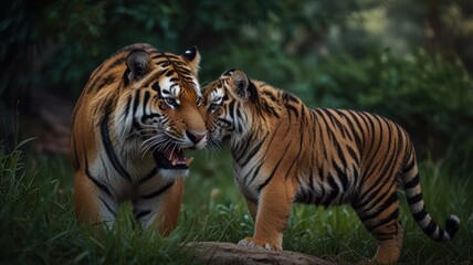 Fototapeta premium Tiger and Cub in Lush Foliage