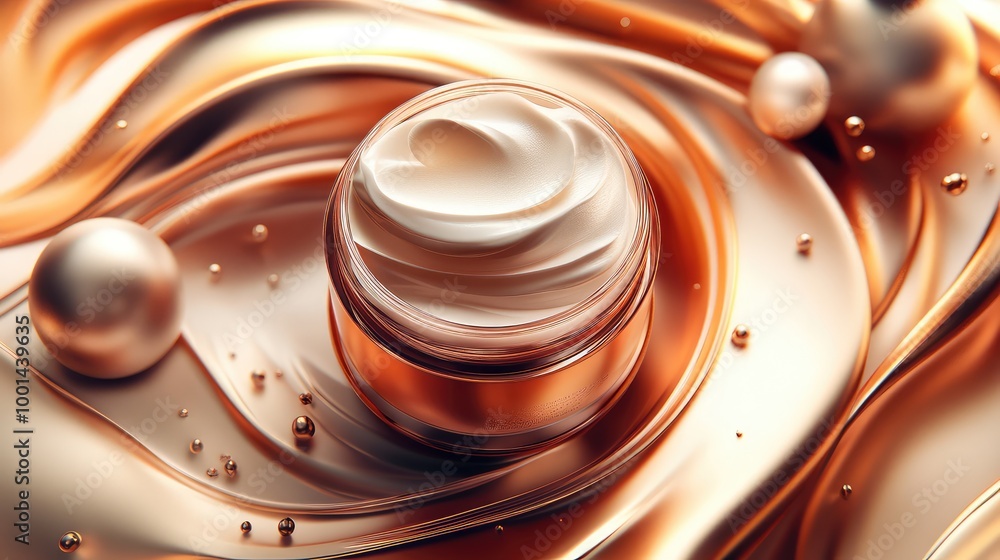 Poster a captivating 3d image of shampoo cream in an elegant jar, surrounded by flowing abstract shapes and