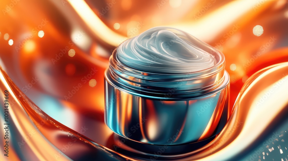 Poster a captivating 3d image of shampoo cream in an elegant jar, surrounded by flowing abstract shapes and