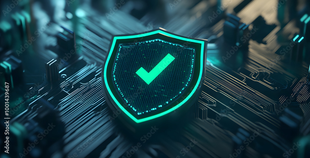 Aufkleber digital security shield with green checkmark on circuit board