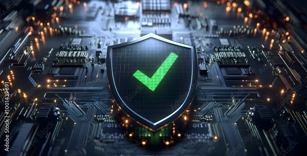 Poster digital security shield with green checkmark on circuit board