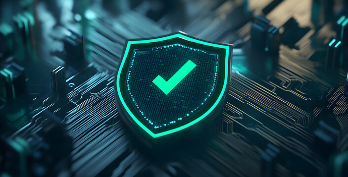  Digital Security Shield with Green Checkmark on Circuit Board