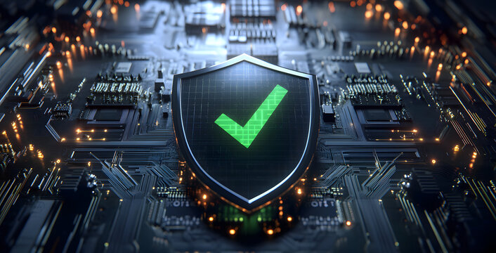  Digital Security Shield with Green Checkmark on Circuit Board