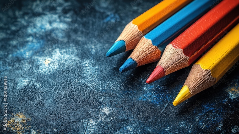 Poster a close-up image of four colorful wooden pencils on a textured dark blue surface, showcasing a vibra
