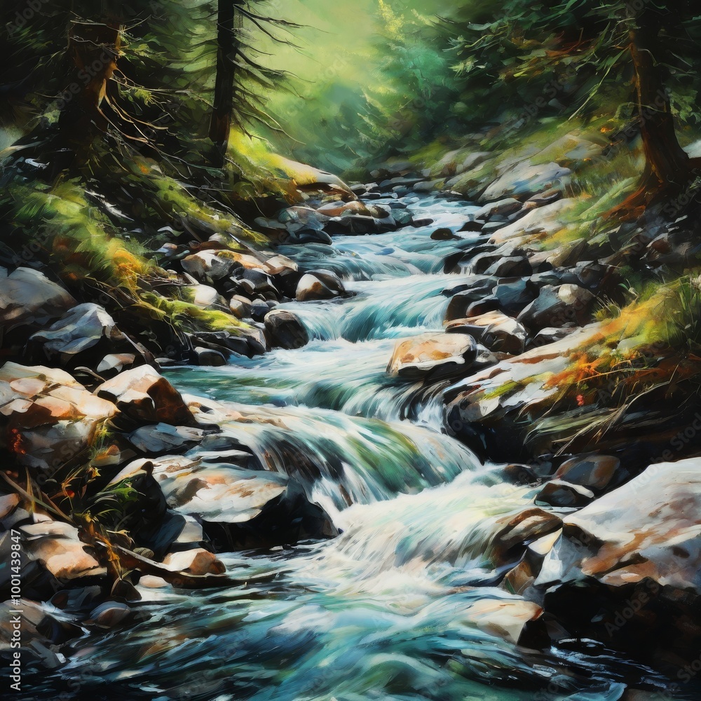 Poster a serene mountain stream cascades over rocks in a lush forest setting. soft sunlight filters through