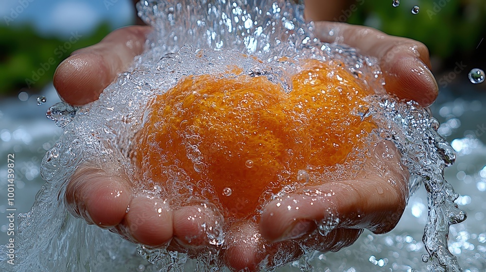 Aufkleber a hand holding a ripe orange under a cascade of water, the orange is completely submerged in the flo