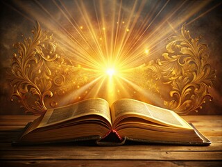 Illustrated open Bible with golden light rays, ornate decorations, and intricately designed pages, symbolizing faith, spirituality, and religious devotion in a warm, serene atmosphere.