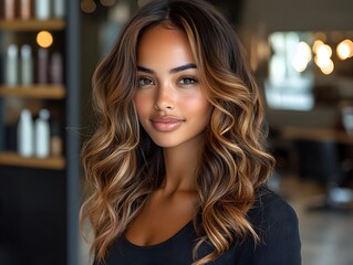 A model showing off subtle caramel balayage hair, styled in a chic hair salon with sleek, modern decor