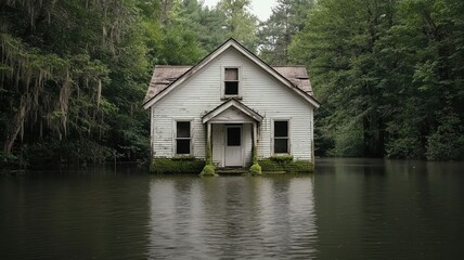 Obraz premium Abandoned house partially submerged in a swamp, with moss and algae growing up its walls swamp house, nature overtaking