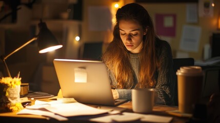 A workaholic woman at her desk, working late into the night with a laptop, papers, and coffee cups.