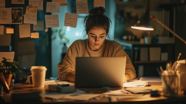 A workaholic woman at her desk, working late into the night with a laptop, papers, and coffee cups.