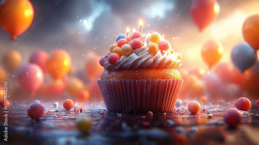 Poster a festive cupcake adorned with colorful sprinkles and candles, surrounded by floating balloons in a 