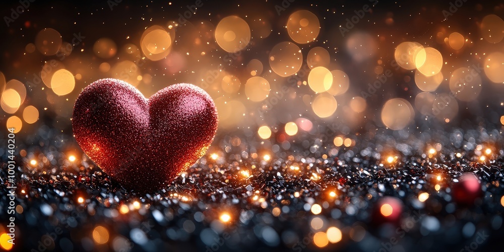 Poster a single red heart resting on a bed of glittering dust with a bokeh background, a symbol of love and