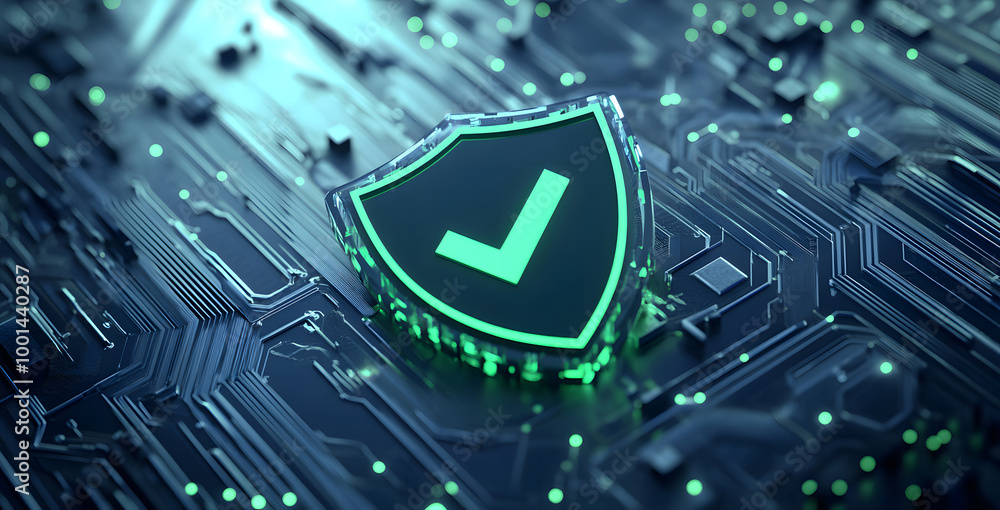 Aufkleber digital security shield with green checkmark on circuit board